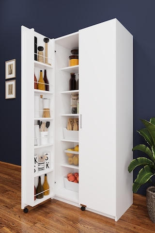 Asra Trend MK-01 %100 MDF 80x180 cm Çok Amaçlı Mutfak Kiler Dolabı Kapak İçi Raflı Erzak Dolabı Beyaz