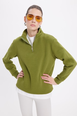 Tudors Kadın Relax Fit Rahat Kesim Pamuklu İçi Polarlı Yarım Fermuarlı Haki Dik Yaka Sweatshirt-42042 Haki