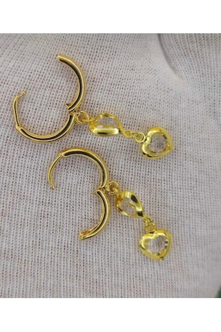 Çelik Gold Renk Kalpli Sallantılı Minimal Özel Tasarım Küpe Beyaz