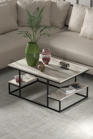 Reyo Falez Deluxe Raflı Orta Sehpa 60x90 Cm Modern Dikdörtgen Orta Sehpa Mermer Desen
