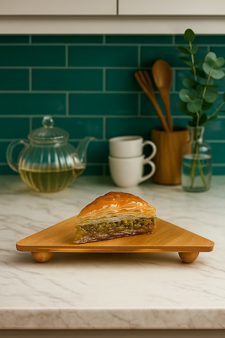 Üçgen Bambu Sunum Standı Top Ayaklı 3 Köşe Servis Tabağı Doğal Bambu Bambu