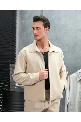 Modefendi Düz Kumaş Oversize Fermuarlı Alt Üst Jogger Takım Bej