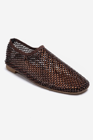 Luvishoes Urela Kahverengi Örgü Taşlı Hakiki Deri Kadın Babet Ayakkabı