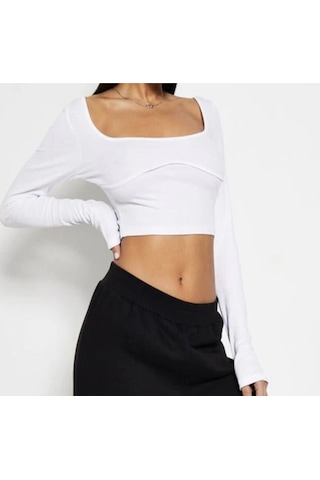 Merlot Kadın Dikiş Detaylı Uzun Kollu Crop Bluz Beyaz