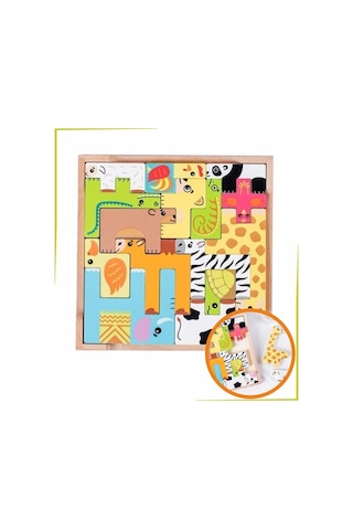 Renkli 15 Hayvanlı Geometrik Ahşap Puzzle