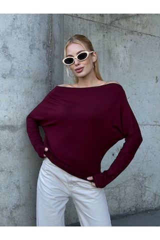 Kadın Kayık Yaka Full Esnek Asimetrik Kesim Comfort Spor Şık Tasarım Yumoş Bluz Bordo