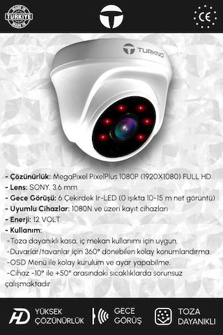 Turkno 1 Kameralı Domia 1 İç Kamera Set HDD'siz Full HD Gece Görüşlü Güvenlik Kamerası Sistemi