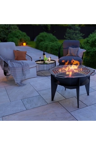 Oktagon Barbekü Izgaralı Ateş Çukuru Ayaklı Bahçeniz İçin Dekorat Siyah