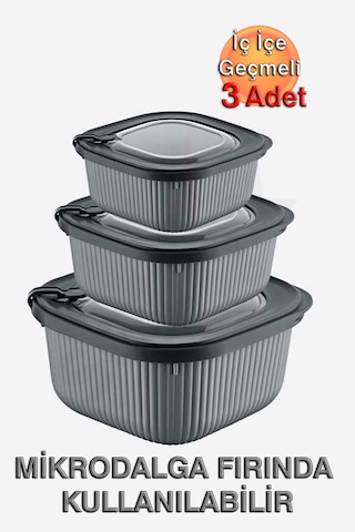 Micro Line Kare Saklama Kabı 600, 1100, 1800 Ml Üçlü Set Antrasit