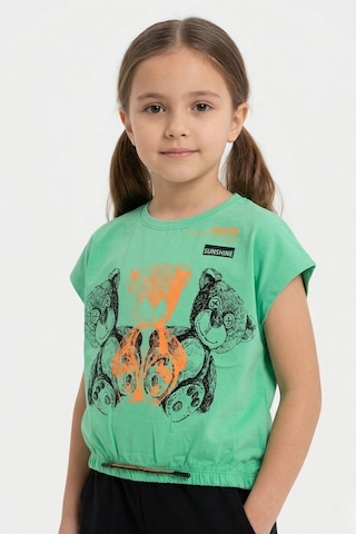 New Kids Ayıcık Baskılı Büzgü Detaylı Kısa Kol Kız Çocuk Tişört-91127 Yeşil