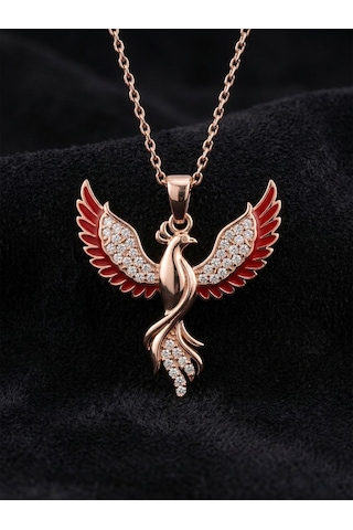 925 Ayar Gümüş Zümrüdüanka Kuşu Kolye - Rose Gold Kaplama Kırmızı Mineli Kadın Kolye Rzn10364 Gümüş
