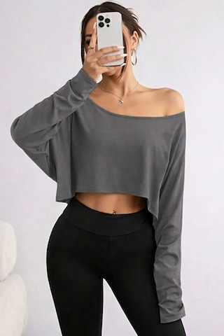 Kadın Düşük Omuz Kayık Yaka Oversize Uzun Kollu Crop T-shirt Antrasit