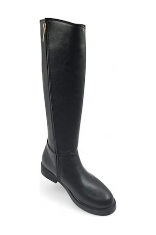Glace Siyah Düz Taban Ve Fermuarlı Rahat Kadın Çizme Siyah