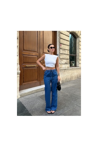 Kene Jeans Yüksek Bel/beli Lastikli Bağıcıklı Bol Paça Jeans Mavi