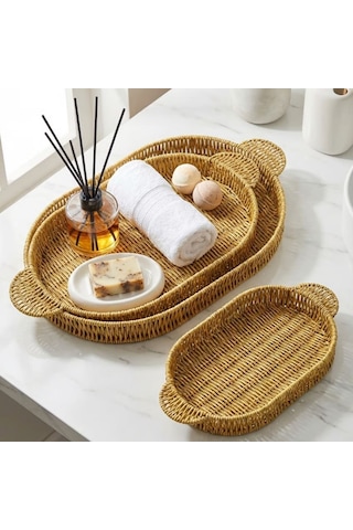 Ams Net İç İçe Geçebilen 3 Lü Oval Plastik Rattan Tepsi Seti-hasır Görünümlü Çok Amaçlı Servis Ve Sunum Tepsileri Ahşap