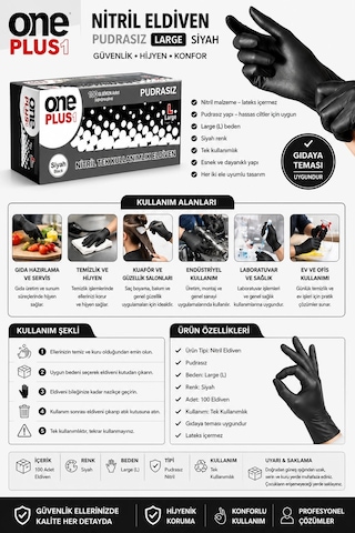 One Plus Nitril Eldiven Pudrasız Larc Siyah 100'lü Paket