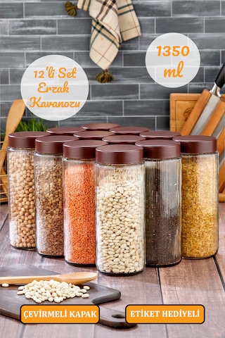 12'li Plastik Kapaklı Cam Kavanoz Erzak Bakliyat Saklama Kabı Seti 1350 Ml Cam - Şeffaf