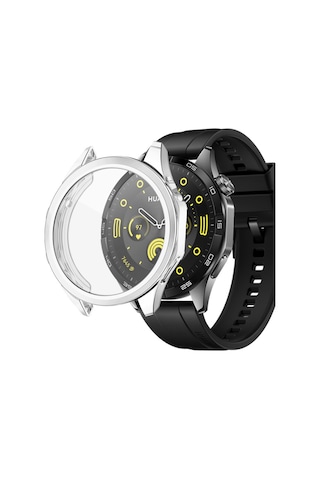 Huawei Watch Gt4 46mm Uyumlu Kasa Ekran Koruyucu 360 Tam Koruma Kılıf Kapak Gümüş