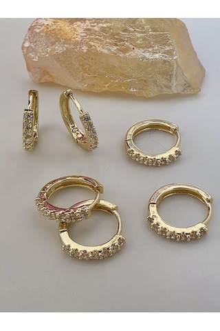 6'lı Zirkon Taşlı Gold Renk Küpe Seti 1cm Altın