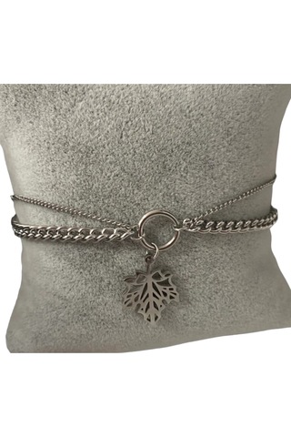 Çelik Çift Zincirli Yaprak Detaylı Gümüş Renkli Kararmaz 17+5 Boy Kadın Bileklik Çelik