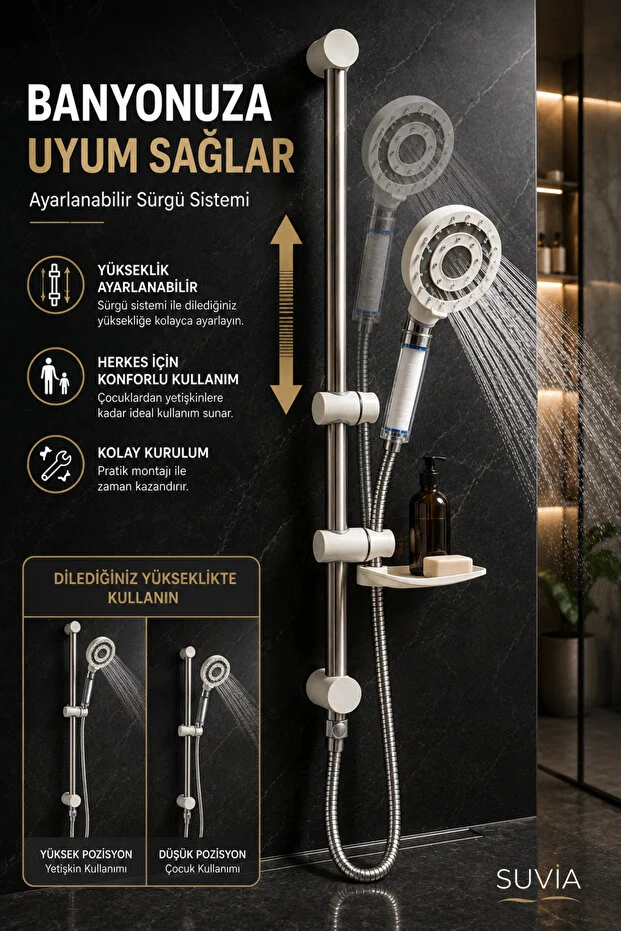 Filtreli Sürgülü Duş Seti 5 Fonksiyonlu Duş Başlığı 3 Yedek Filtre Çelik Hortumlu Beyaz