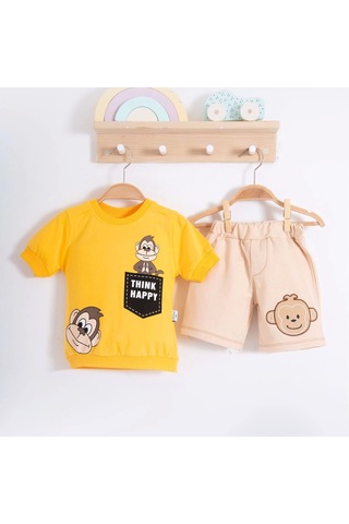 3-18 Ay Erkek Bebek Alt&üst Takımı Maymun 2li Sarı Sarı