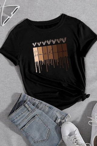 Unisex Leopar Kalp Baskılı Oversize T-shirt Siyah