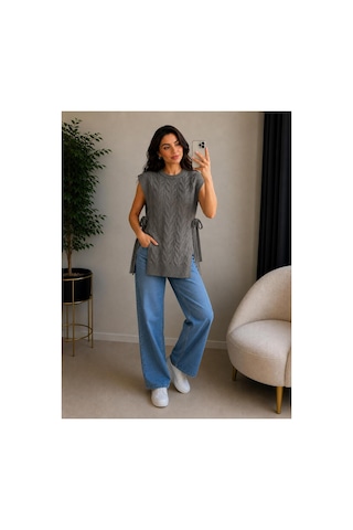 Hira Life Fashion Kadın Bisiklet Yaka Yanları Açık Bağcıklı Oversize Triko Süveter Gri Gri
