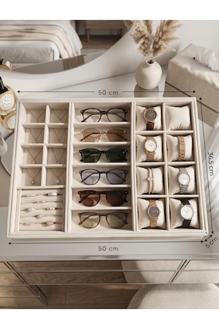 Homebiente Xlarge 50x36,5 Cm Krem Kadife Saat, Gözlük, Yüzük Ve Küpe Takı Organizer Tablası