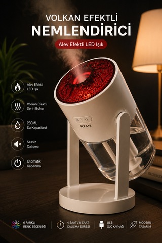 Volkan Efektli Nemlendirici 280ml Led Işıklı Ultrasonik Hava Nemlendirici Sessiz Aroma Difüzör Rt-hm30