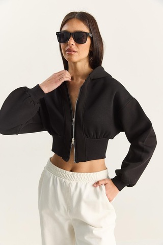 Shade Kadın Fermuarlı Kapüşonlu Belden Oturmalı Esnek Örme Crop Sweatshirt 60283858 - Siyah