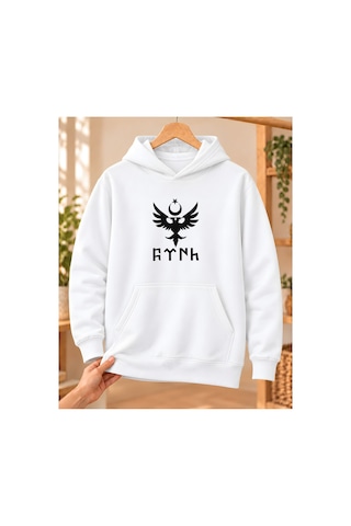Mor Mürekkep Çift Başlı Kartal Ay Yıldız Ve Göktürk Yazısı Baskılı Kapüşonlu Sweatshirt - Beyaz