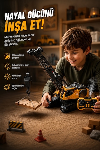 Işıklı Sesli Buharlı Metal Alaşım Uzaktan Kumandalı Rc Vinç Full Fonksiyon Paletli Vinç Sarı