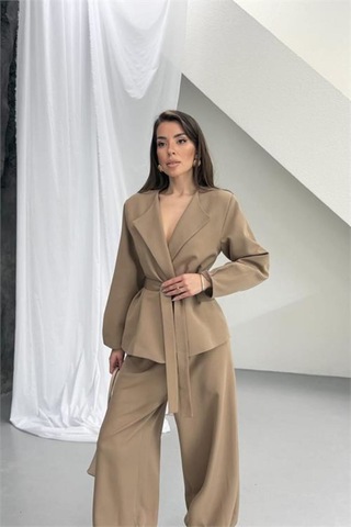 Neşeli Butik Vizon Kahverengi Kuşak Detaylı Oversize Şalvar Pantolon Blazer Ceket Takım Nbnp023