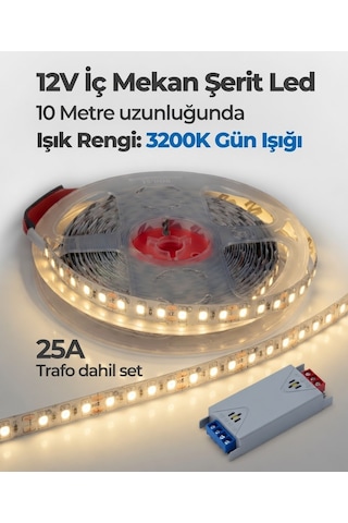 10 Metre 12v 3200k Gün Işığı Şerit Led + 12v 25a Slim Led Trafosu Hazır Set 10 Metre Gün Işığı