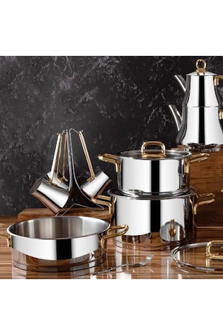 Lines Naz 18 Parça Paslanmaz Çelik Çeyiz Tencere Seti - Altın Kul