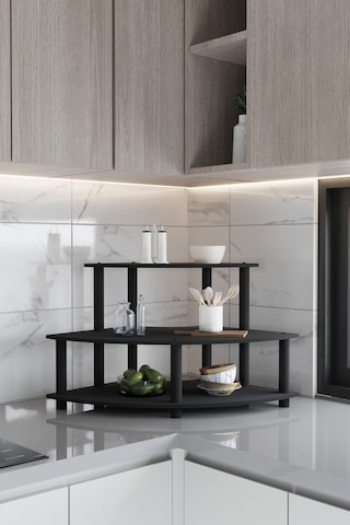 Dekoratif Oval Köşe 3 Katlı Tezgah Üstü Raf 50 Cm X 50 Cm Siyah Siyah