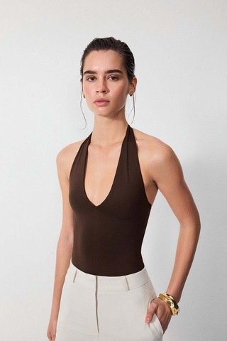 Vatkalı Derin V Yaka Bodysuit-16647 Kahverengi