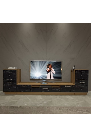 Decoraktiv Trio On2 Mdf Tv Ünitesi Tv Sehpası - Pera Siyah Mermer Safir Meşe - Royal Mermer
