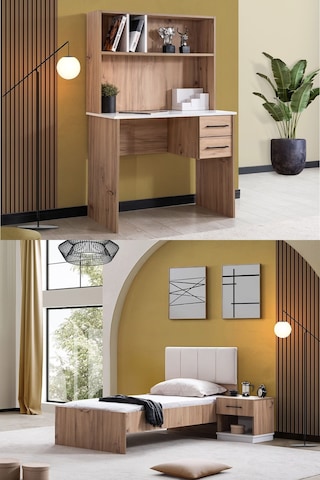 Genç Odası Efes Çalışma Masası,karyola,komodin Ceviz Krem Ceviz