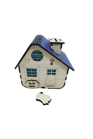 Kişiye Özel Dekoratif Ahşap Mavi Dağ Evi Kumbara -Tipbox