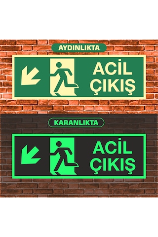 Fosforlu Acil Çıkış Sol Aşağı Çapraz Uyarı İkaz Tabelası 10x30