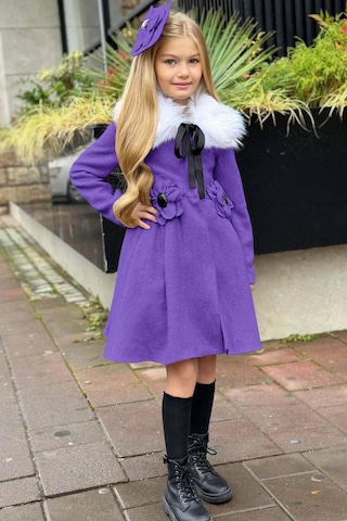 Riccotarz Kız Çocuk Kürk Yakalı Önü Çiçek Ve Elmas Taş Detaylı Mor Kaşe Mor