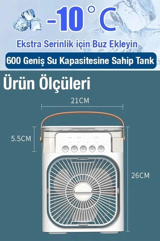600 Ml Su Tanklı Buharlı Serinletici Fan Taşınabilir Mini Fan Led Işıklı Hava Soğutucu Vantilatör