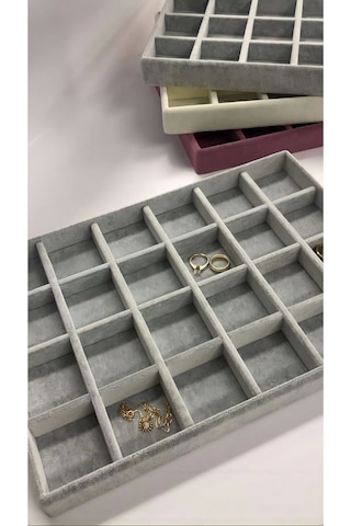 Yerli Üretim Süet Kumaş Gri Renk 34 Cm / 24 Cm Yirmidört Bölmeli Çekmece Içi Takı Standı Çok Renkli