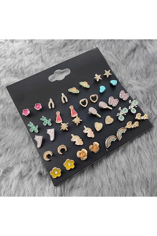 Chavin Çocuk Genç 20 Çift Mineli Figür Küpe Seti es91 Çok Renkli