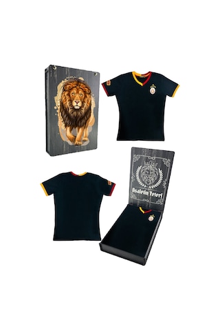 Galatasaray Lisanslı 5 Yıldızlı Siyah Basic Çocuk T-shirt Gs Aslan Baskılı Ahşap Kutulu Siyah