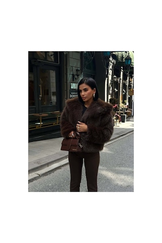 Glammoss L'atelier Kabarık Yaka Kürk Ceket Glm-579 Kahverengi Kahverengi