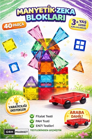 Arabalı 40 Parça 7.5 cm Büyük Boy Manyetik Blok Seti | Güçlü Mıknatıslı Zeka Geliştirici Eğitici Oyuncak