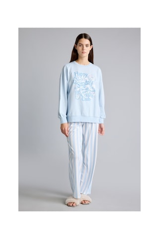 Defacto Regular Fit Uzun Kollu Baskılı Üst Çizgili Alt Pijama Takımı H8801ax26aube343 Mavi-be343